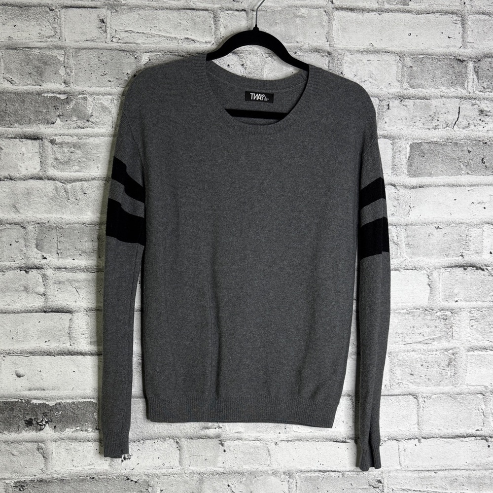 Aritzia TNA Gray Crewneck Merino Wool Sweater with Black Stripes